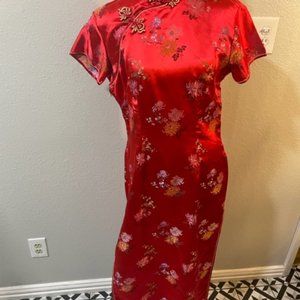 Vintage Chinese Long Dress w/Cap short Sleeves